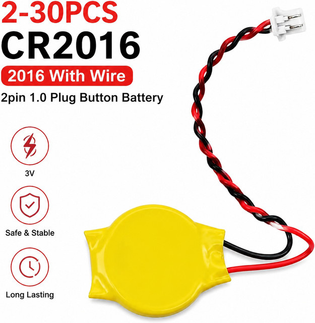 NDNNAS CR2016 Knopfbatterie mit 2-poligem 1,0-Stecker und Kabel, 3V CMOS BIOS-Batterie - Bild 1