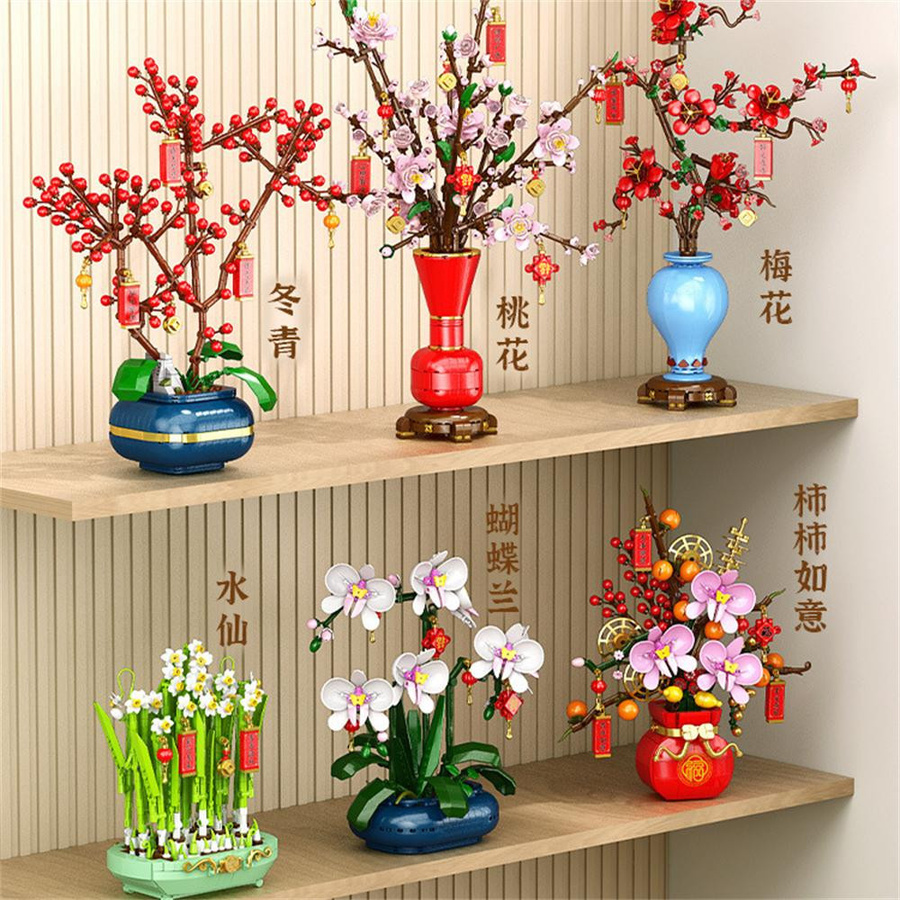 DBPALY Blumenstrauß Pflaumenblüte Pfirsichblüte Narzisse Bonsai Bausteine Modell - Bild 3