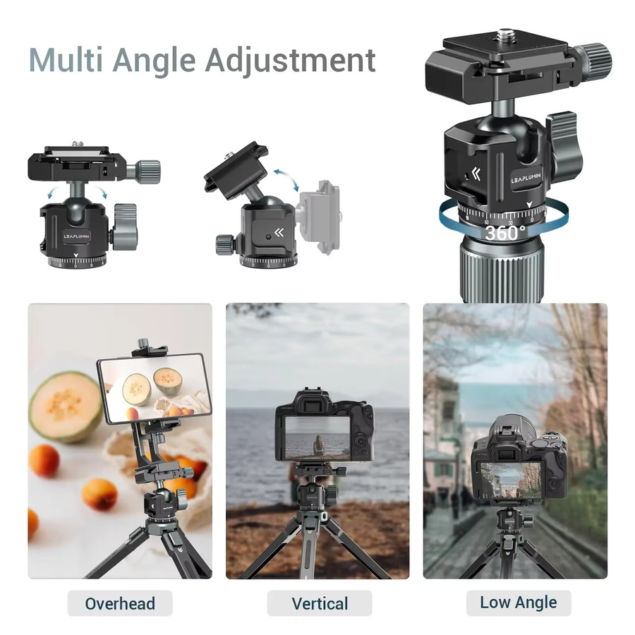 Leaplight Low Profile Kamerastativ-Kugelkopf in Schwarz mit 360 Grad Drehung und Arca Swiss Schnellwechselplatte für Stativ-Telefonhalter - Bild 3