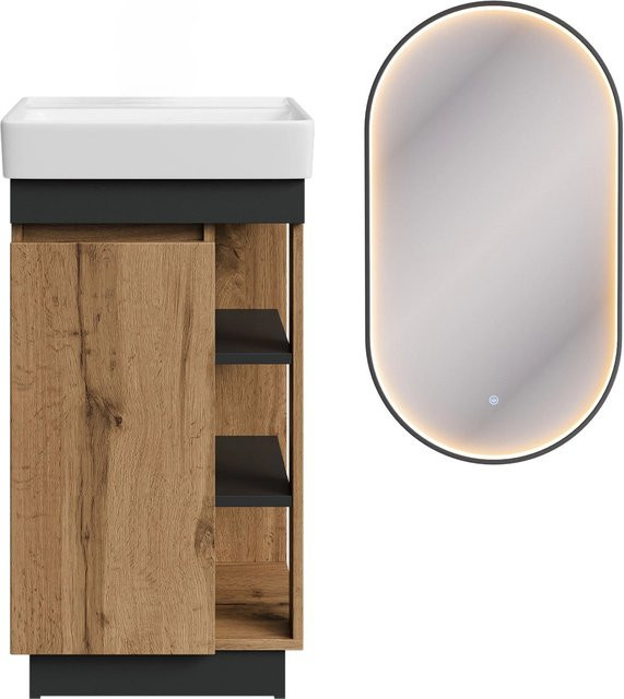Planetmöbel Badmöbel Set NYX mit Waschbecken und LED Spiegel GLORA, Wotan Eiche Anthrazit, Breite: 45 cm - Bild 1