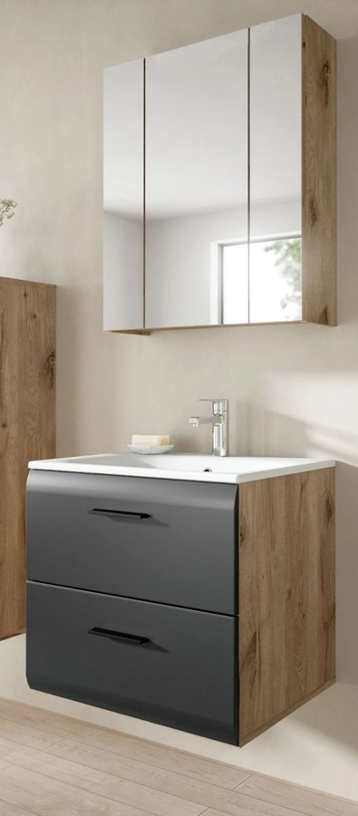 Badmöbel Set Cover von Inn.Furn in Schwarz und Eiche, 2-teilig mit Spiegelschrank und Waschtischunterschrank, Wandmontage, Breite: 60 cm - Bild 1