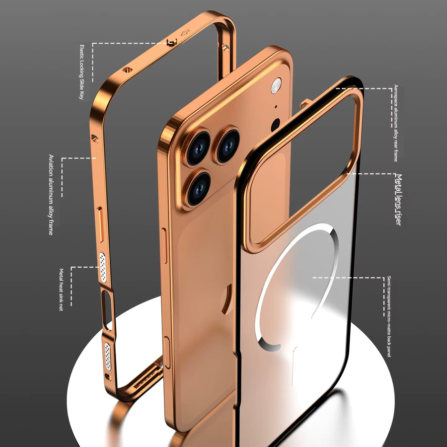 Magnetische Schutzhülle mit Aluminiumlegierung-Rand und Frosted PC Backplate für Apple iPhone 17 16 15 14 13 Pro Max und iPhone Air in Orange - Bild 4