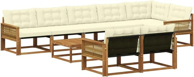 vidaXL Outdoor-Sofagarnitur L-Form aus Akazienholz mit 9 Textilene-Kissen in Natur und Creme - Bild 1