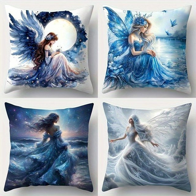Dekorativer Kissenbezug mit Fantasy Fee und Aquarell Mond Meer Design von Tinika Chen, B/T/H: 18 x 18 x 18 cm - Bild 1