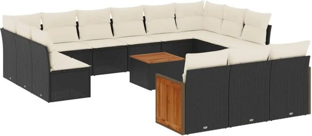 vidaXL 14-tlg Garten-Sofagarnitur aus Poly-Rattan und Akazienholz in Schwarz mit Kissen - Bild 1