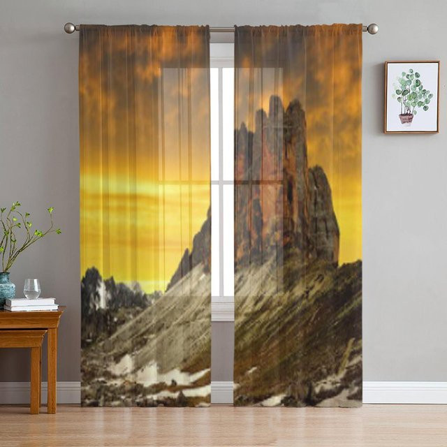 Binchi Outdoor Equipment Transparenter Tüll-Vorhang mit Tre Cime Di Lavaredo Motiv in Gelb, Breite: 135 cm, Höhe: 114 cm - Bild 1