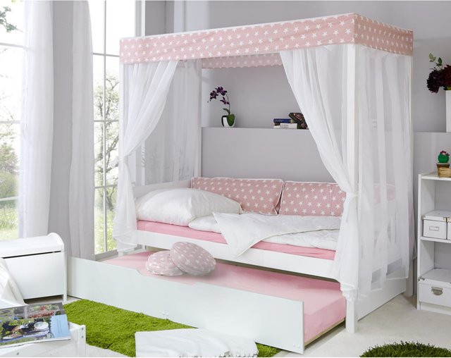 TiCAA Himmelbett Rosa Weiß mit Sternen aus Kiefer Massivholz für Kinderzimmer - Bild 1