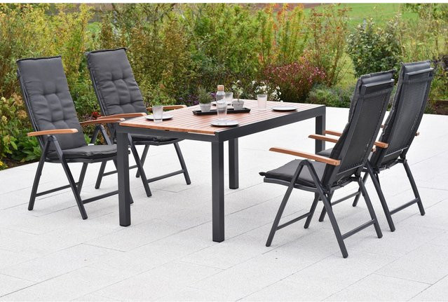 Merxx Thasos Gartenmöbel-Set aus Aluminium in Schwarz mit ausziehbarer Tischplatte in Holzoptik und 4 Sitzplätzen - Bild 1