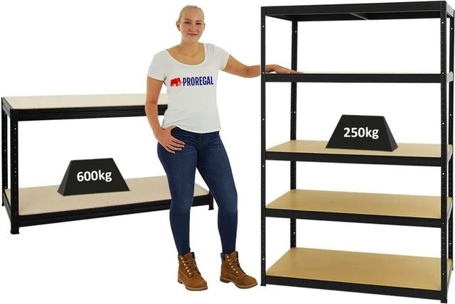 PROREGAL Set aus Schwerlastregal Big Elephant M und höhenverstellbarer Werkbank Big Dino in Schwarz, H: 180 cm, B: 120 cm, T: 60 cm & H: 90 cm, B: 160 cm, T: 60 cm - Bild 1