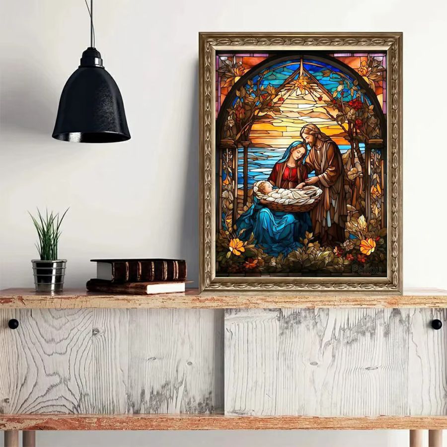 DIY 5D Diamantgemälde Jesus Christus und Jungfrau Maria im Buntglas-Stil, rundes Mosaik-Set in Multicolor von Potdemiel - Bild 2