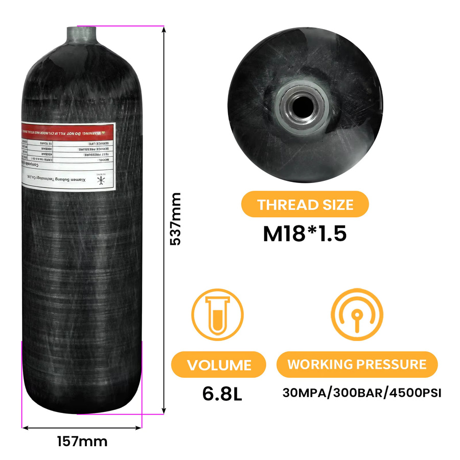 TUXING HPA-Tank Kohlefaser-Zylinder mit Hochdruck-Füllstation und Druckregelventil, Schwarz, 6,8 l, 4500 Psi 300 Bar, M18*1,5 - Bild 2