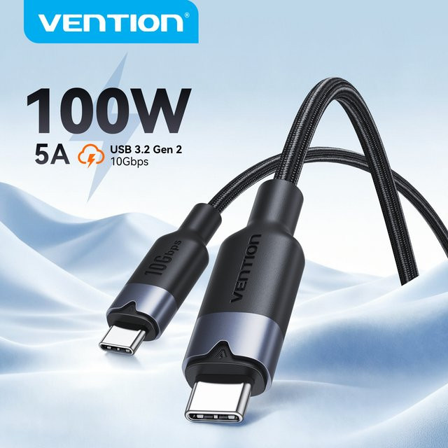 Vention USB-C auf USB-C Kabel 100W 10Gbps USB 3.2 Gen2 Schnellladekabel mit 4K@60Hz in Schwarz - Bild 1