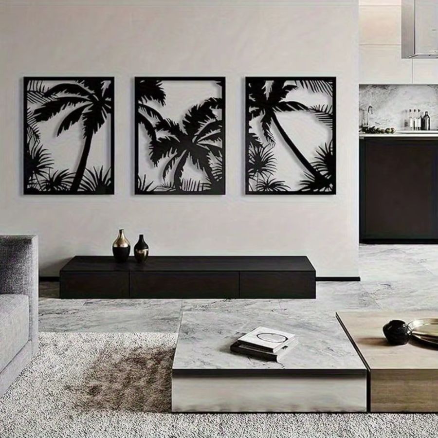 CIFBUY Wandkunst Tropische Palme aus Metall in Schwarz mit geometrischer Sonnenuntergangs-Silhouette im Boho-Stil - Bild 3