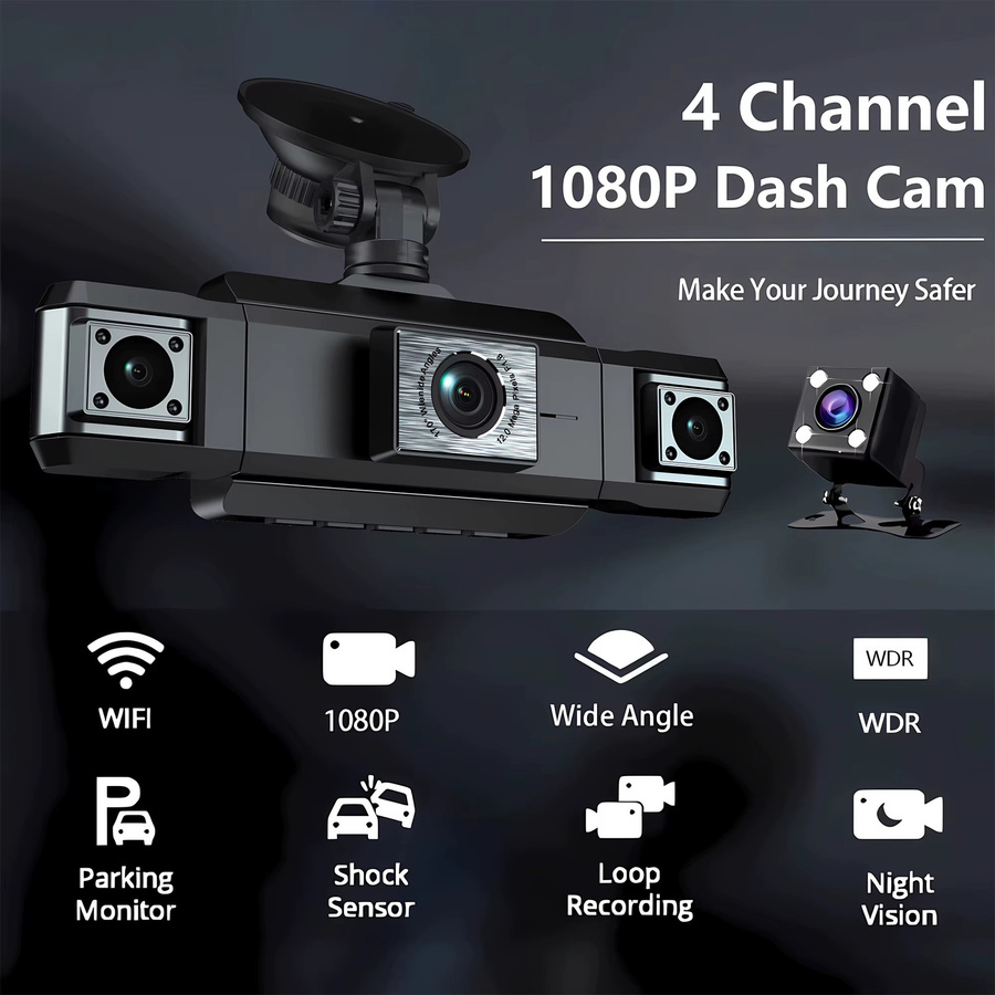 OMGO 4-Kanal Dash Cam mit 360 Grad Rundumschutz, Full HD 1080P Auto DVR mit WIFI App-Steuerung und Rückfahrkamera, Schwarz - Bild 2