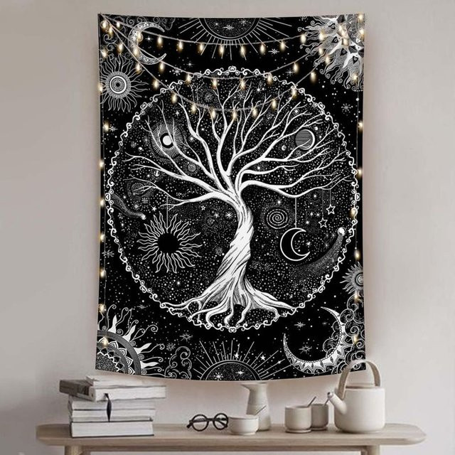 VIKAMA Baum des Lebens Wandteppich mit Sonne und Mond in Schwarz als Boho Wandbehang für dein Wohnzimmer oder Schlafzimmer - Bild 1