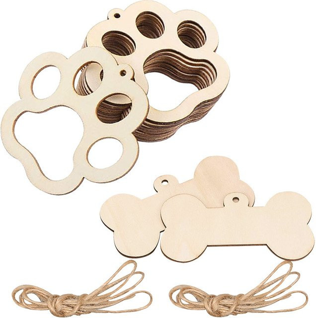 10 Stück Holz-Anhänger in Knochenform und Hunde-Fußabdruck als Bastelbedarf für Kinder und Dekorationen, Beige - Bild 1