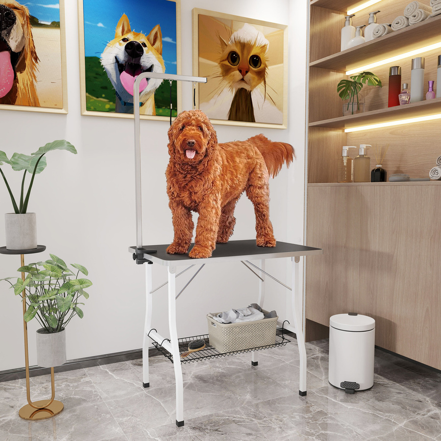 PawHut Hundepflegetisch von Aosom, höhenverstellbarer und klappbarer Trimmtisch für Hunde in Schwarz-Weiß, belastbar bis 40 kg mit Netzkorb und Schlingen - Bild 2