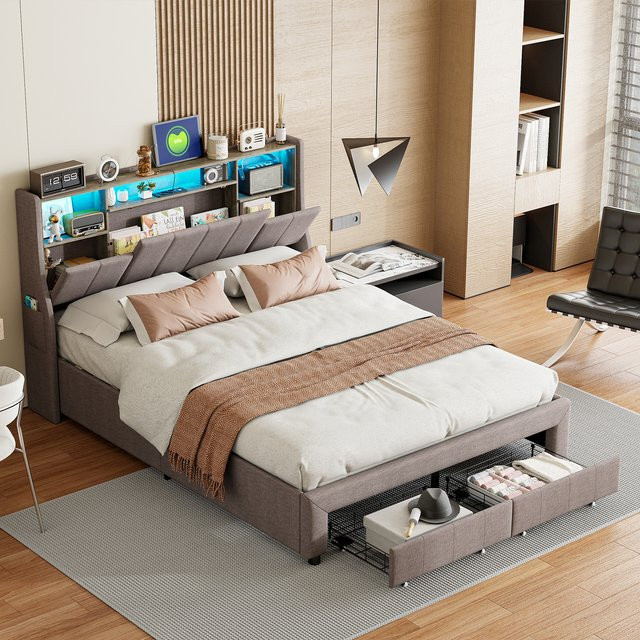 Superaly Polsterbett mit USB-Ladefunktion und LED-Beleuchtung in Grau, Jugendbett mit Stauraum und 2 Schubladen aus Leinen, B/T: 140 x 200 cm - Bild 1