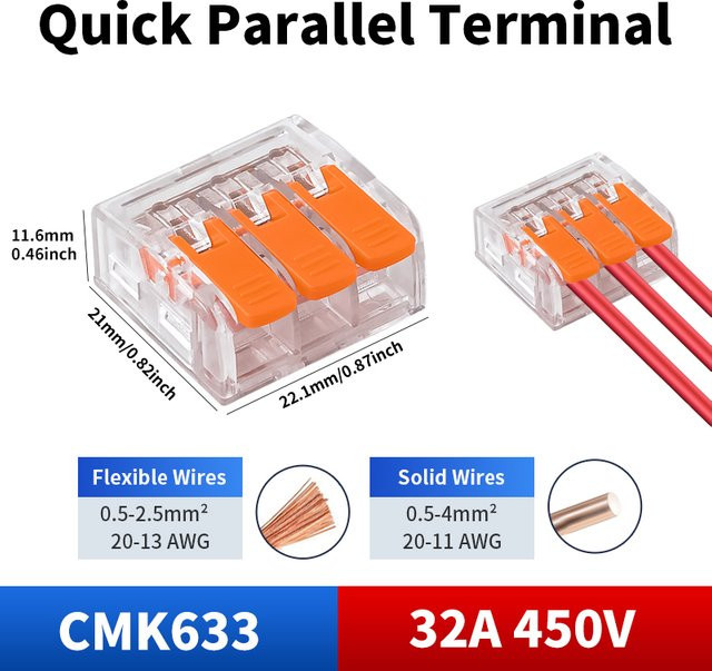 JINH 3-Port Mini-Schnellverbinder Elektrische Kompakt-Verbinder 1 Ein 2 Aus Anschlussklemmen transparent Kapazität 0,2-4mm² - Bild 1