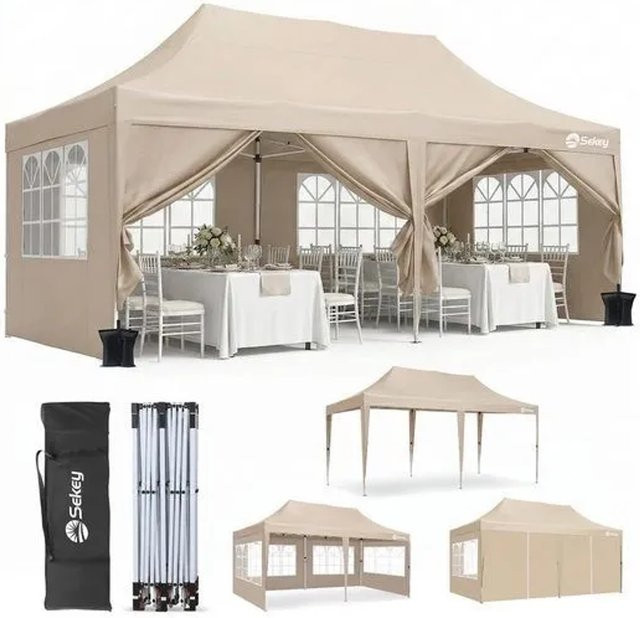 Sekey Faltpavillon aus Oxford-Gewebe mit 4 Seitenteilen und 2 Eingängen, Farbe: Taupe/Beige, B/T/H: 600 x 300 x 250 cm - Bild 1