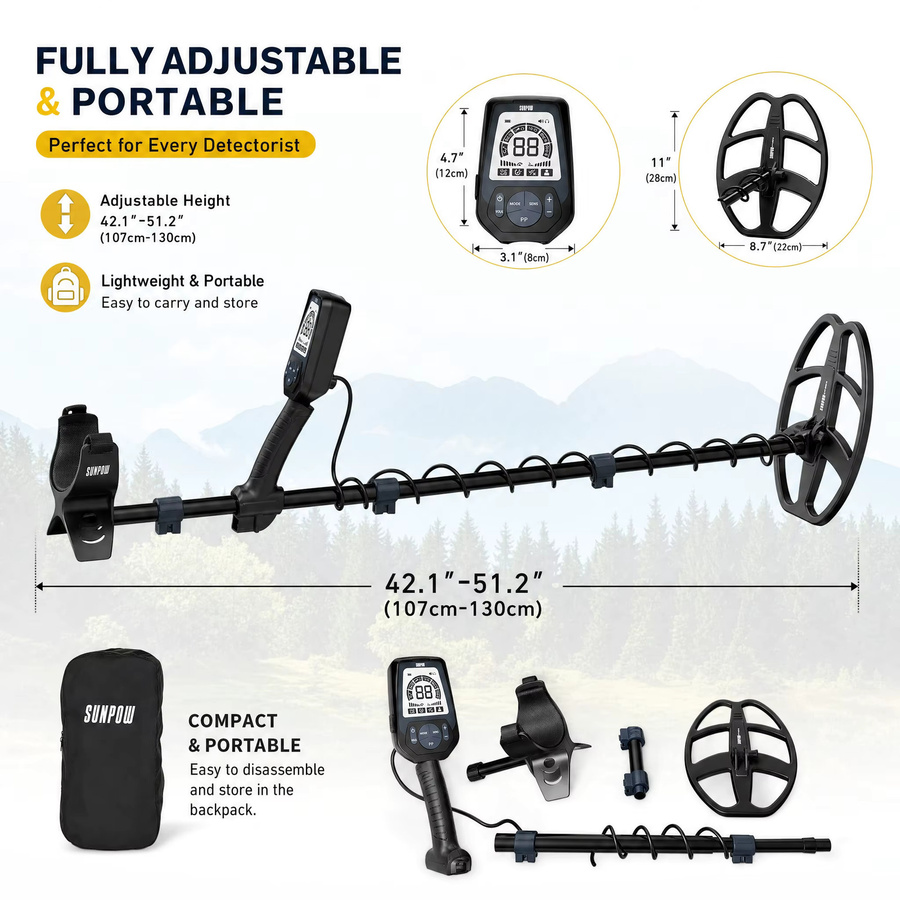 SUNPOW Unterirdischer Professioneller Metalldetektor in Schwarz und Braun mit 11 Zoll Wasserdichter DD-Spule, LCD Display und Schaufel-Set - Bild 4