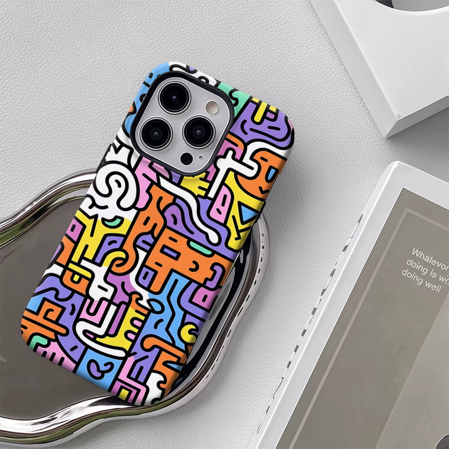 Handyhülle mit buntem abstraktem Doodle-Muster für iPhone 17 16 15 14 13 Pro Max Plus mit doppelschichtiger Rückseite, Mehrfarbig - Bild 4