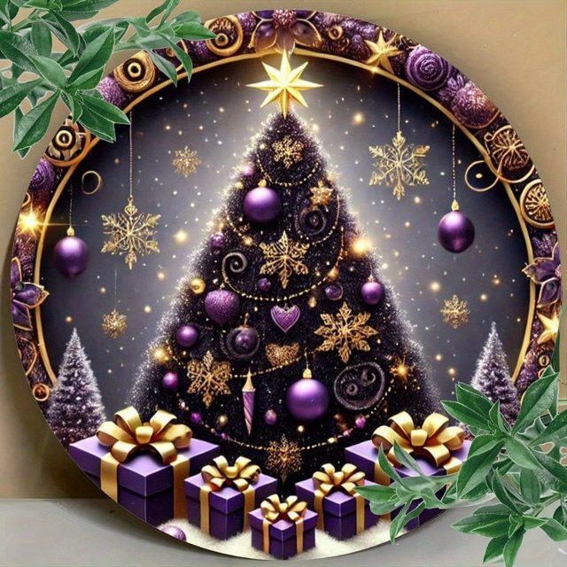 CIFBUY Weihnachtsbaum Wandschild aus Metall in Lila und Multicolor, runde Plakette für Innen- und Außenbereich, Durchmesser: 20,3 cm - Bild 1