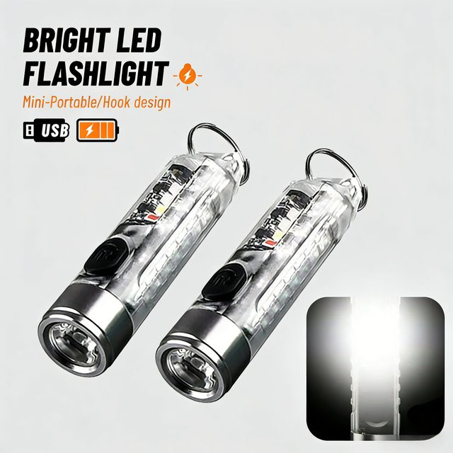 Heinast LED Schlüsselanhänger Taschenlampe mit 400 Lumen, wiederaufladbare EDC Camping-Taschenlampe mit rotem und blauem Licht, transparent - Bild 1