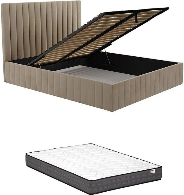 Vente-unique Polsterbett Larali mit Bettkasten aus Samt in Taupe/Beige, B/T/H: 160 x 200 cm - Bild 1