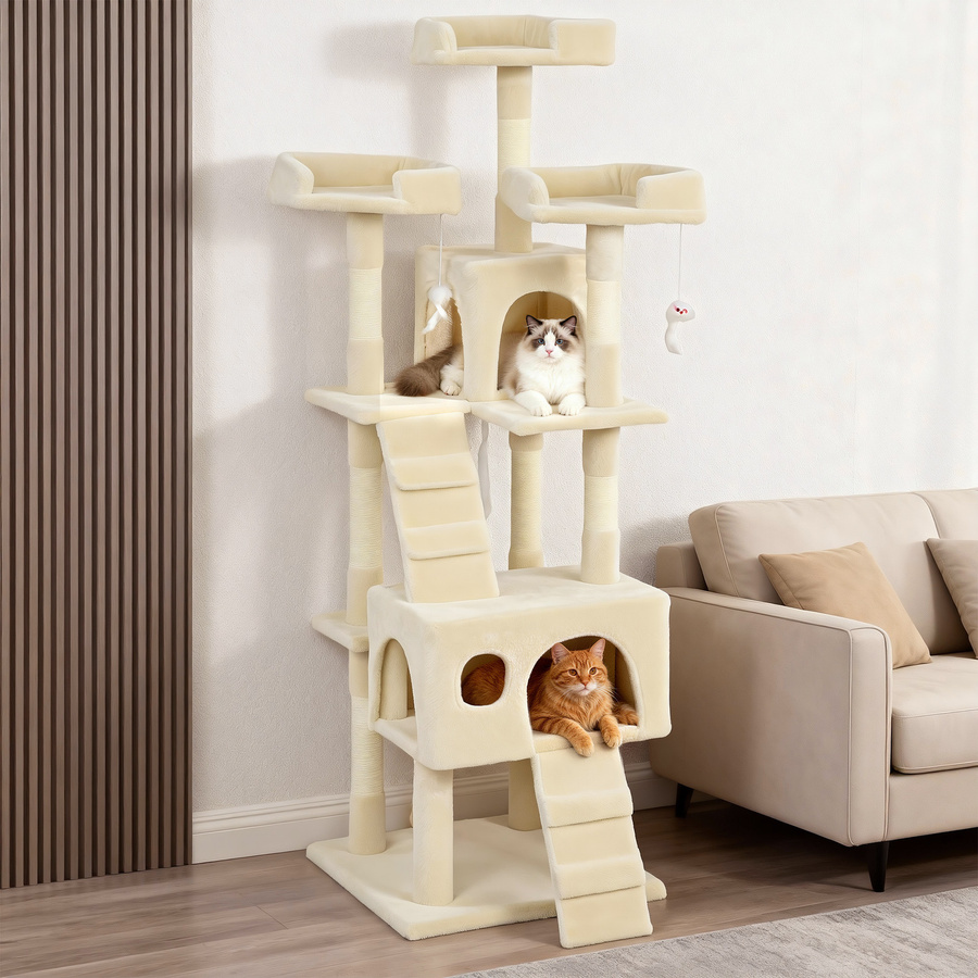PawHut Kratzbaum für Katzen in Creme mit 2 Höhlen, 3 Betten, 2 Rampen und Sisalstämmen, Höhe: 153 cm - Bild 2