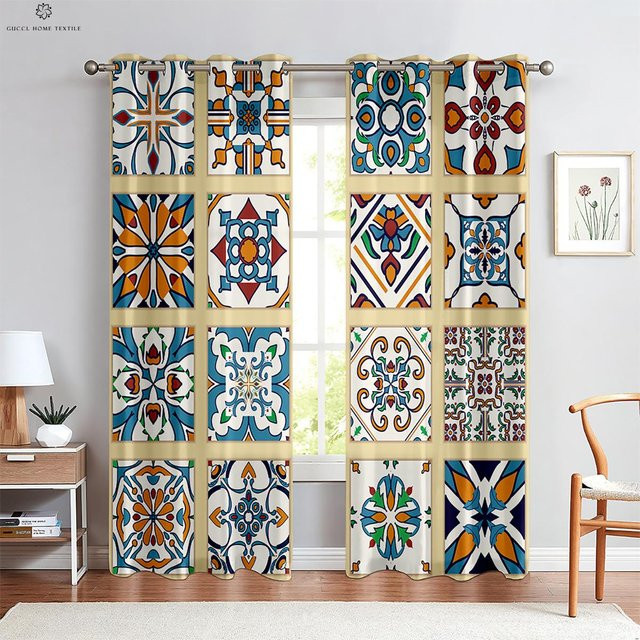 Bunter karierter Vorhang im Retro-Boho-Stil, halbtransparent, 2er-Set, Breite: 106,5 cm, Höhe: 213 cm - Bild 1