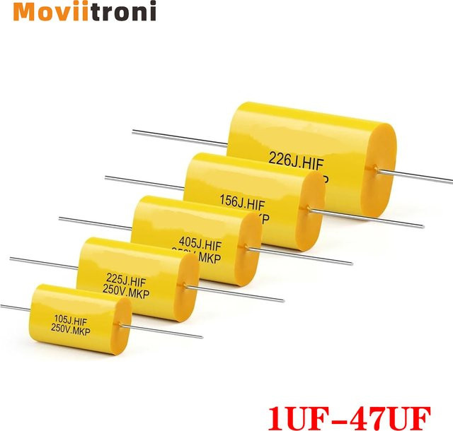 Moviitroni 5er Set Polypropylen Film Kondensatoren Gelb, Axial Blei Typ, 250V DC, Audio Frequenz Teile (1UF, 1,5UF, 1,8UF, 2,2UF) - Bild 1
