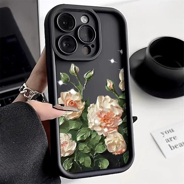 Silikon-Handyhülle mit Rosenblumen-Design für Apple iPhone (verschiedene Modelle), Farbe: Schwarz - Bild 1