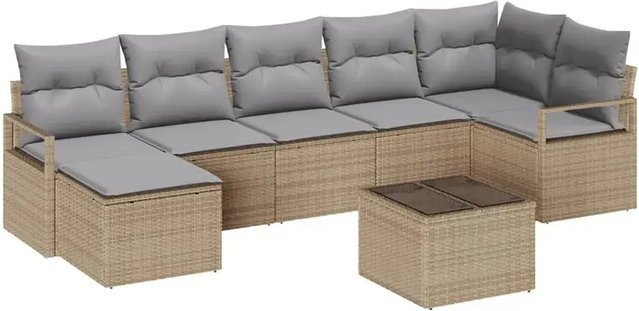vidaXL Garten-Sofa-Set 8-teilig aus Poly Rattan in Beige mit Polsterkissen und Tisch - Bild 1