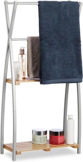 Relaxdays Handtuchhalter stehend aus Bambus und Stahl mit Ablagen, Farbe Natur/Silber, H x B x T: 93 x 46 x 20 cm - Bild 1
