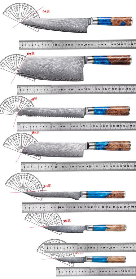 Baovim Küchenmesser-Set aus Damaszener Stahl mit blauem Harzgriff bestehend aus Kochmesser, Hackmesser, Schälmesser und Brotmesser - Bild 2