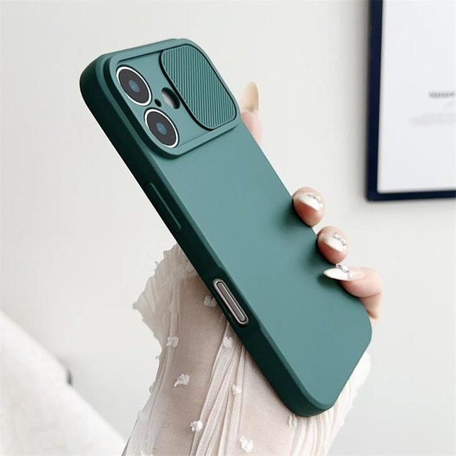 Yiran Slide Camera Lens Schutzhülle für iPhone 15 Plus in Grün, stoßfeste Silikonabdeckung mit Kamera-Schutzschieber - Bild 1