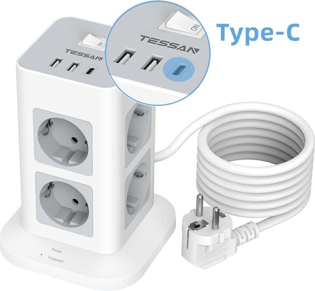 TESSAN Tower 8-Wege-Steckdosenleiste mit Überspannungsschutz, vertikale Mehrfachsteckdose in Grau mit 2 m Kabel, 8 Steckplätze, 2 USB-A und 1 USB-C Anschlüssen - Bild 1