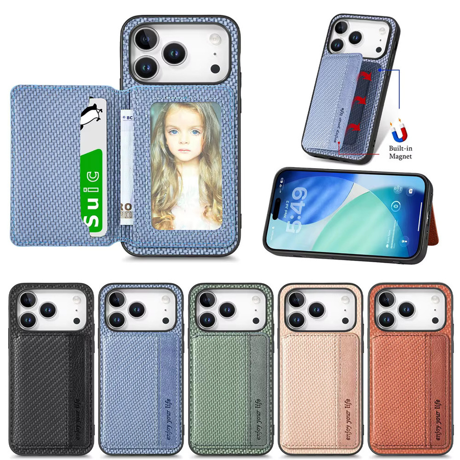 Handyhülle mit Kartenhalter im Kohlefaser-Muster für Apple iPhone (verschiedene Modelle), Farbe: Braun - Bild 4