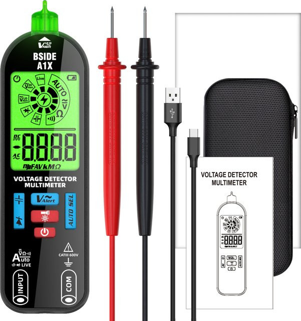 Digitaler Spannungsprüfer von MAXRIENY als berührungsloser Stiftdetektor und Voltmeter für Wechselstrom, USB wiederaufladbar, Farbe: Schwarz - Bild 1