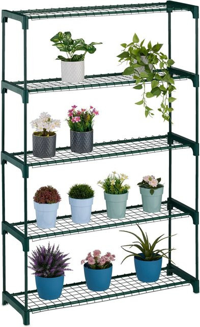 Relaxdays Pflanzenregal aus Stahl und Kunststoff in Grün mit 5 Ablagen und erweiterbarem Stecksystem, H: 139 cm, B: 91 cm, T: 28,5 cm - Bild 1