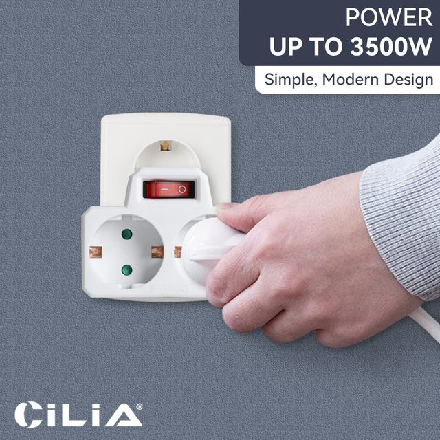CILIA EU-Stromadapter mit Schalter und USB-C Anschluss, Typ-C-Stecker, 1 zu 2/3 Ausgang, Weiß - Bild 1