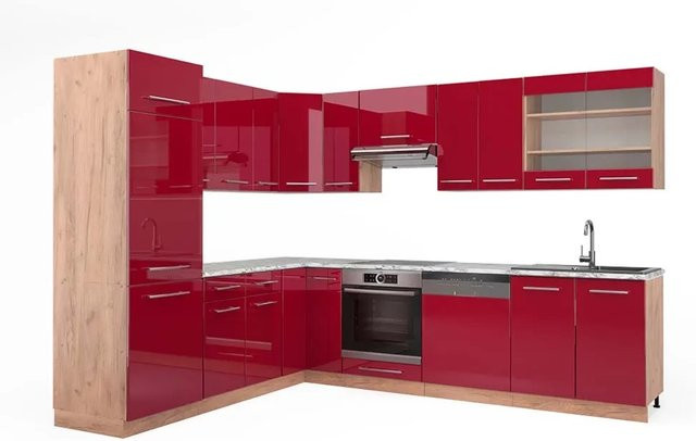 Vicco Fame-Line Eckküche Bordeaux Hochglanz und Goldkraft Eiche mit Marmor-Optik, B/T/H: 227 x 287 x 311,5 cm - Bild 1