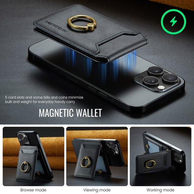 HKNR Magnetische Leder-Handyhülle mit Ringständer und Kartensteckplatz für iPhone 16 15 Plus 14 13 12 Pro Max in Schwarz oder Braun - Bild 1
