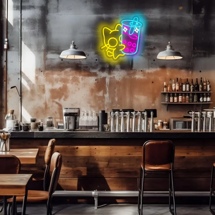 Dimmbare LED Neon-Leuchtreklame Katze Boba Tee Wanddekoration in Multicolour für Café und Bar - Bild 3
