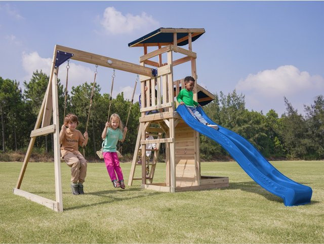 Axi Spielturm Malik mit Doppelschaukel Braun und Rutsche Blau - Bild 1