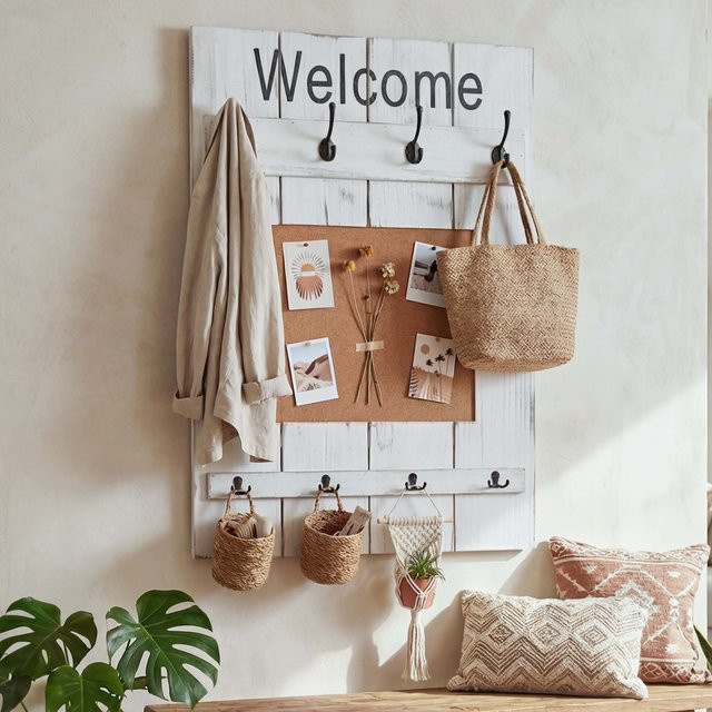 Wandgarderobe MCW-C89 mit Pinnwand und 8 Haken im Shabby-Look Vintage, Farbe: Weiß, B: 91 cm, H: 60 cm - Bild 1