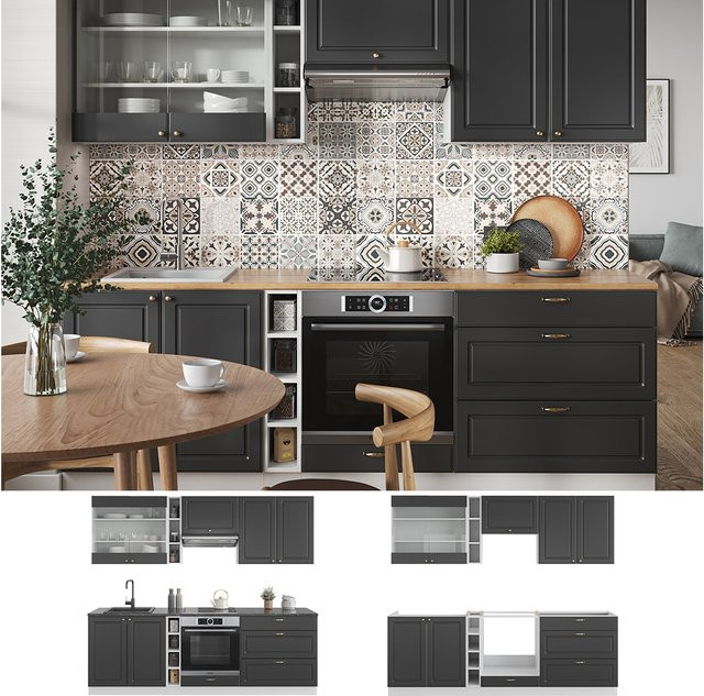 Vicco Küchenzeile Fame-Line Landhausstil in Weiß und Anthrazit mit Gold-Akzenten, Breite: 235 cm - Bild 1
