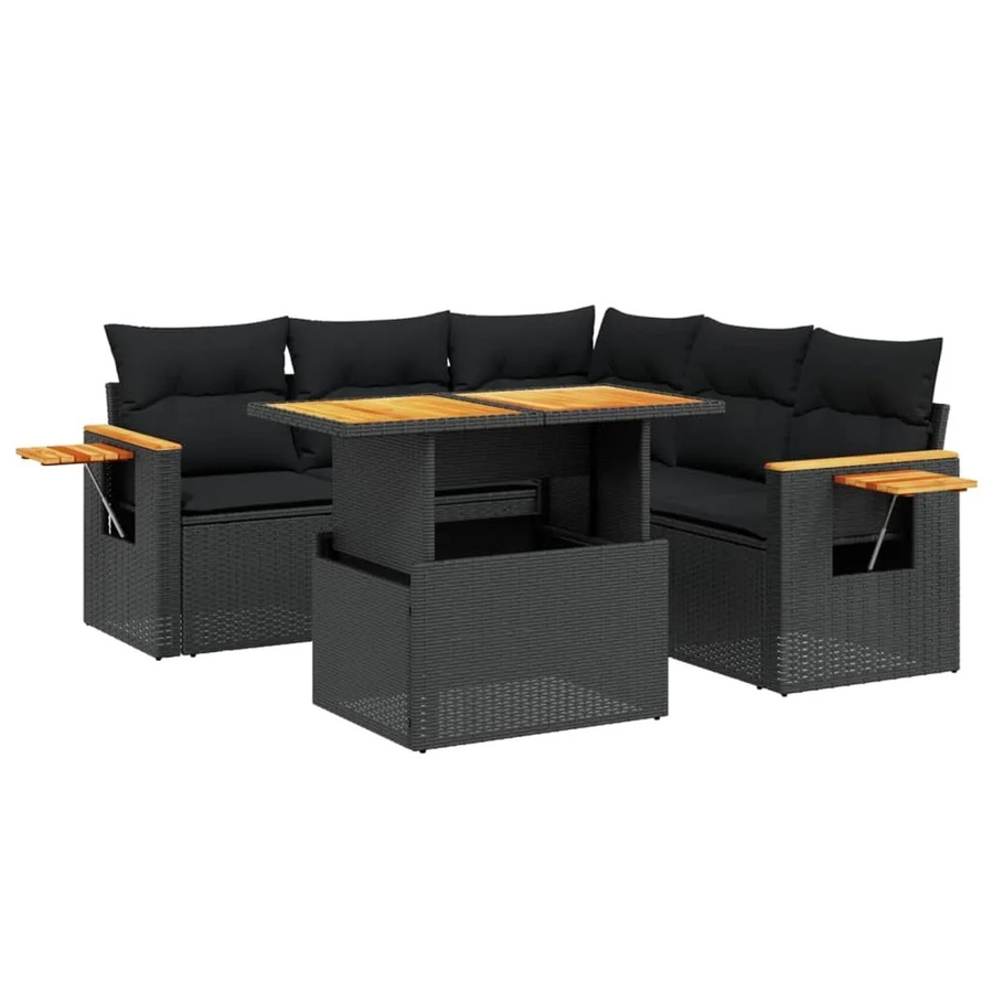 vidaXL 6-teilige Garten-Sofagarnitur in L-Form aus schwarzem Poly-Rattan mit Kissen und pulverbeschichtetem Stahlrahmen - Bild 2