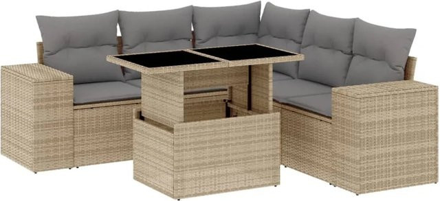 vidaXL 6-tlg Garten-Sofagarnitur in L-Form aus beige farbenem Poly-Rattan mit Kissen und pulverbeschichtetem Stahlgestell - Bild 1